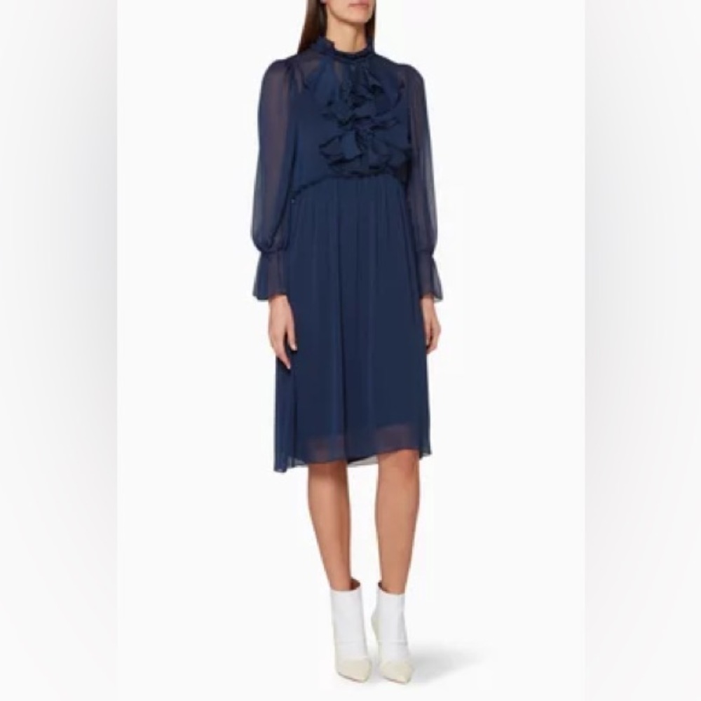 See By Chloe Navy Blue Ruffled Knee-Length Midi Dress Size FR 36 US 4